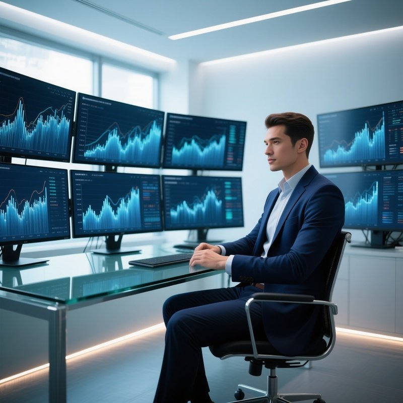 A Confident Analyst Wearing A Fitted Navy Blazer Sits At A Glass Desk With Multiple Ultrawide