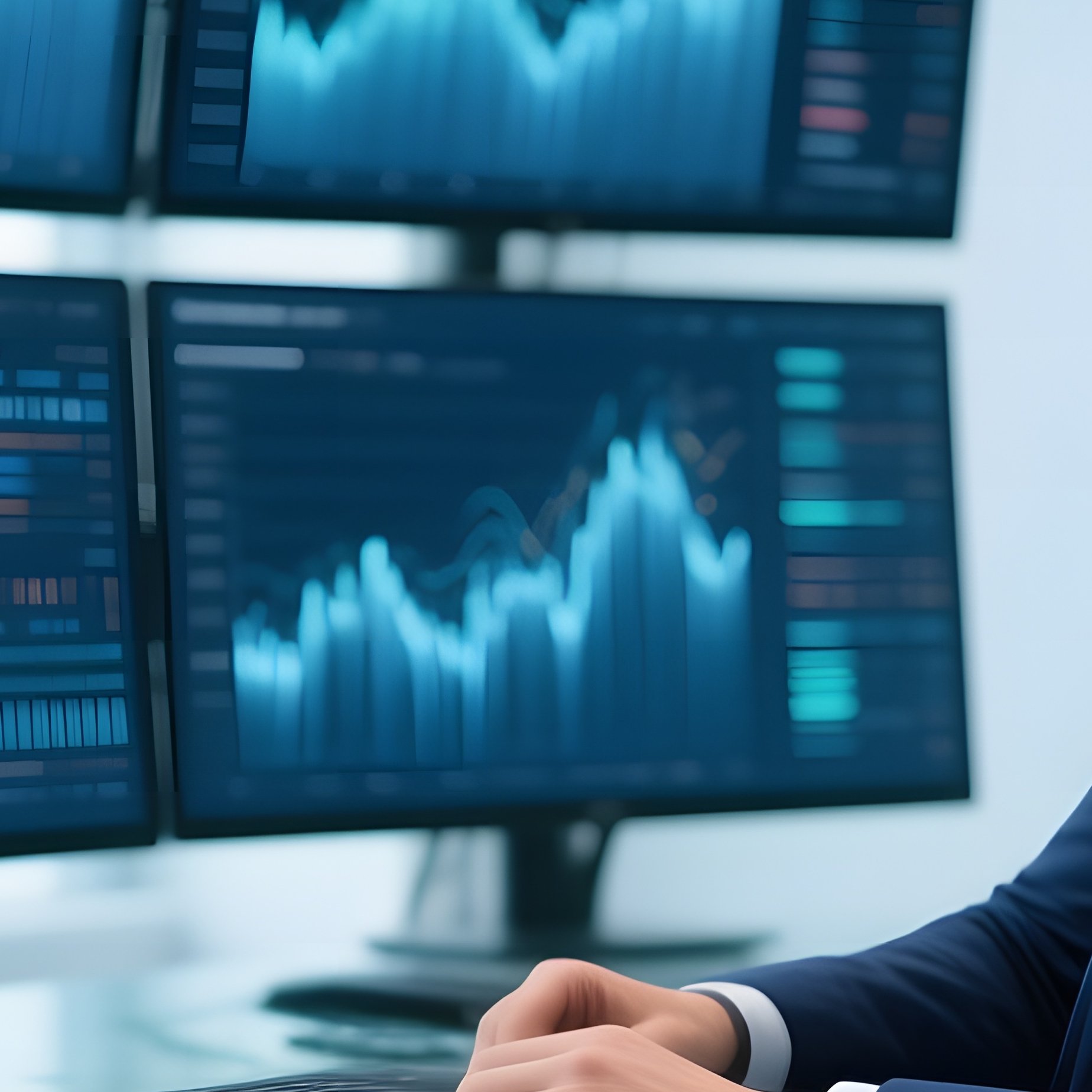 A Confident Analyst Wearing A Fitted Navy Blazer Sits At A Glass Desk With Multiple Ultrawide - Full Resolution Quality Preview