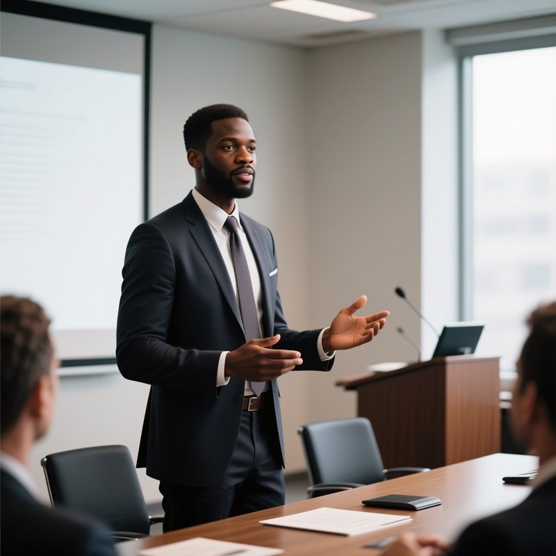 A Confident Black Entrepreneur Giving A Presentation In A Conference Room.
