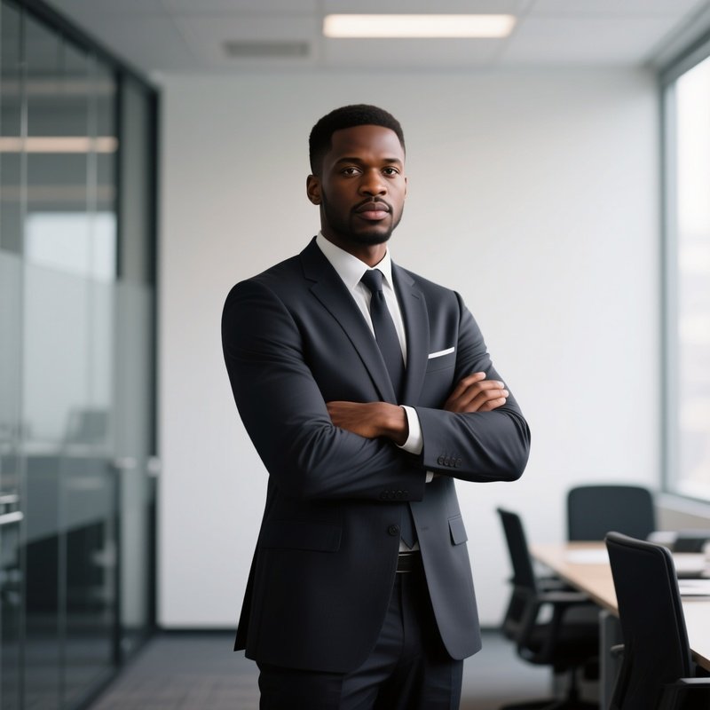 A Confident Black Man Standing With Crossed Arms In An Office.