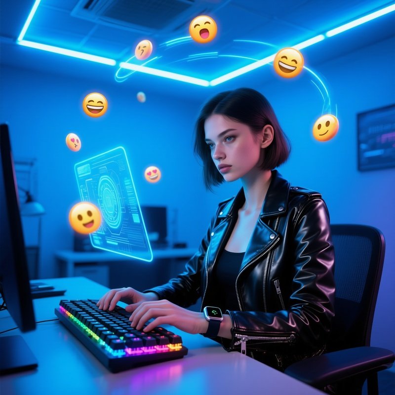 A Confident Pop Up Girl In A Fitted Leather Jacket Typing On A Mechanical Keyboard