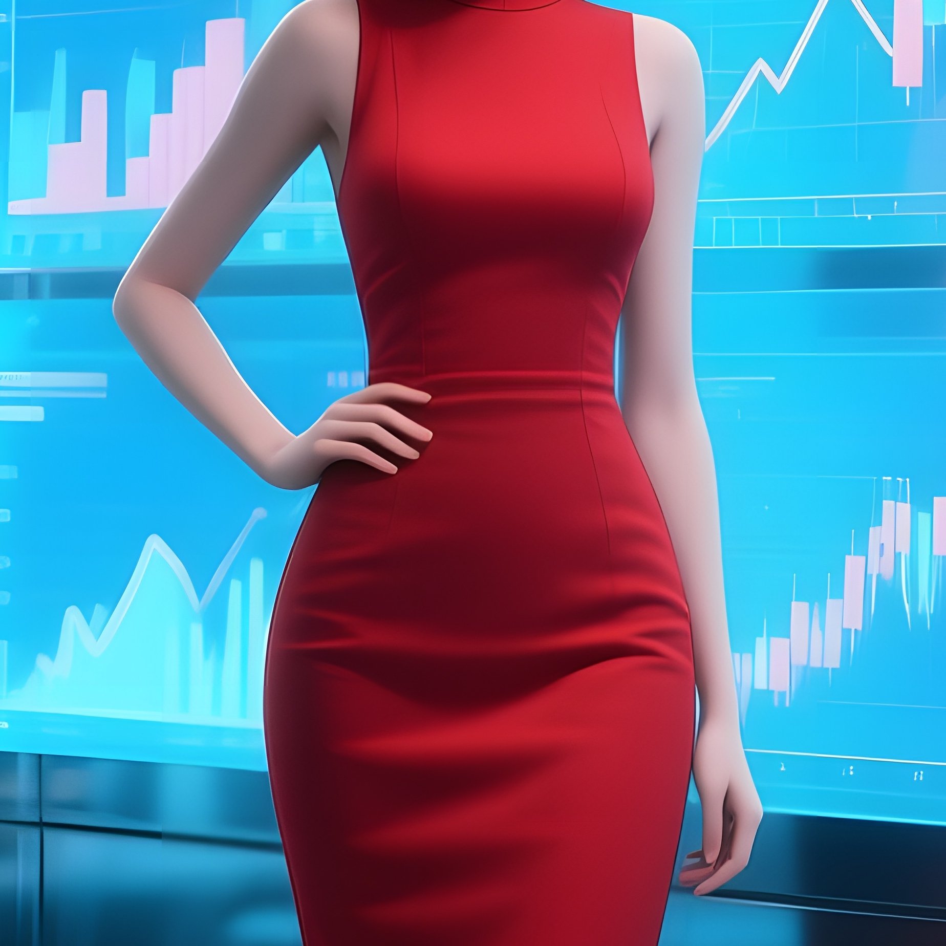A Confident Pop‑Up Girl In A Fitted Red Dress Stands Before A Wall Of Transparent Monitors - Full Resolution Quality Preview