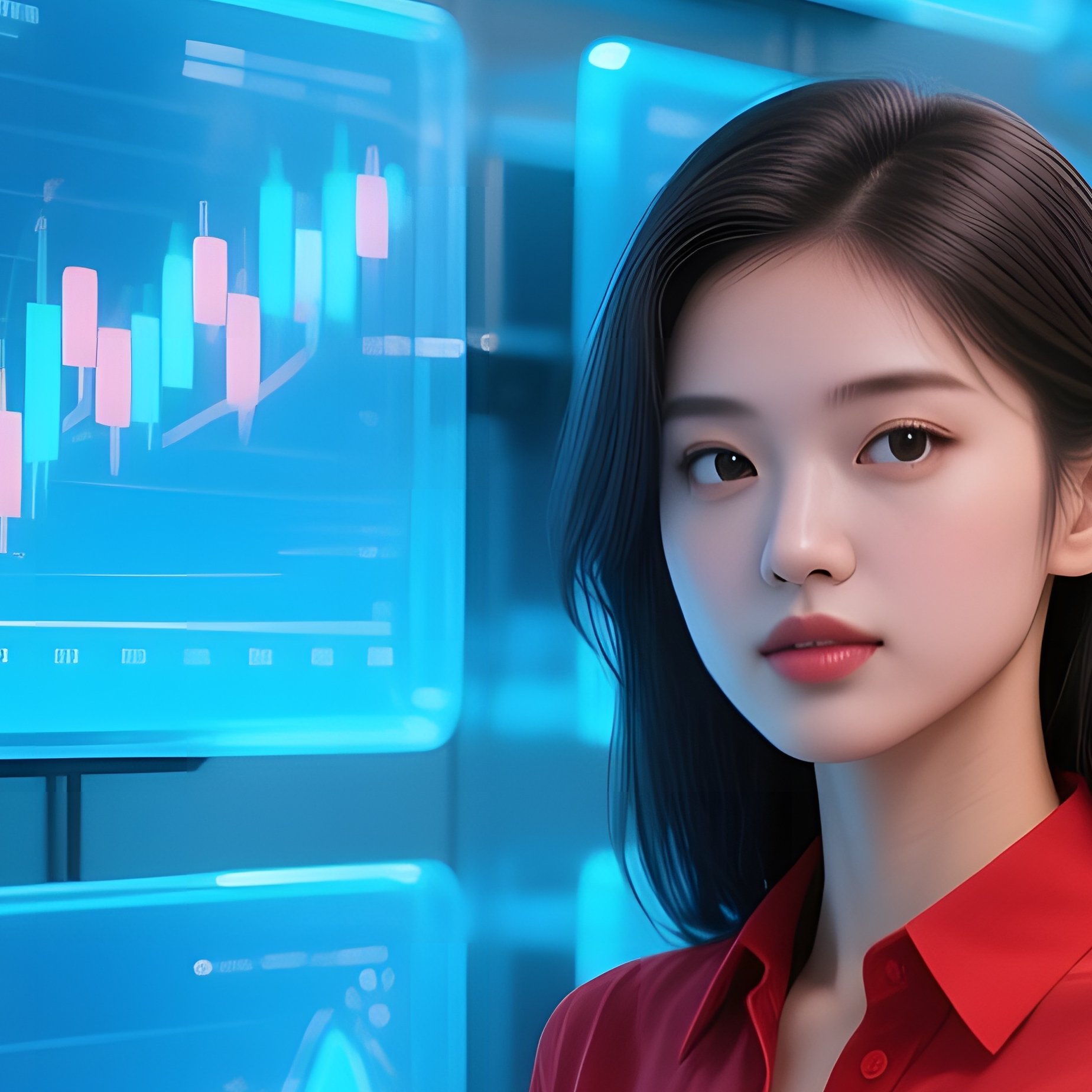 A Confident Pop‑Up Girl In A Red Blouse Stands Before A Wall Of Transparent Monitors Displaying - Full Resolution Quality Preview