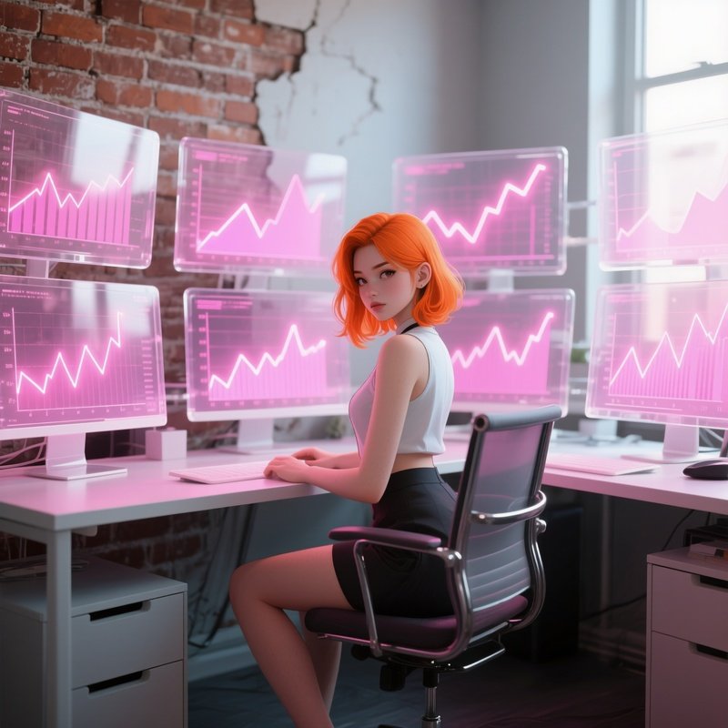 A Confident Pop‑Up Girl With Vibrant Orange Hair Sits At A Standing Desk Covered In Multiple