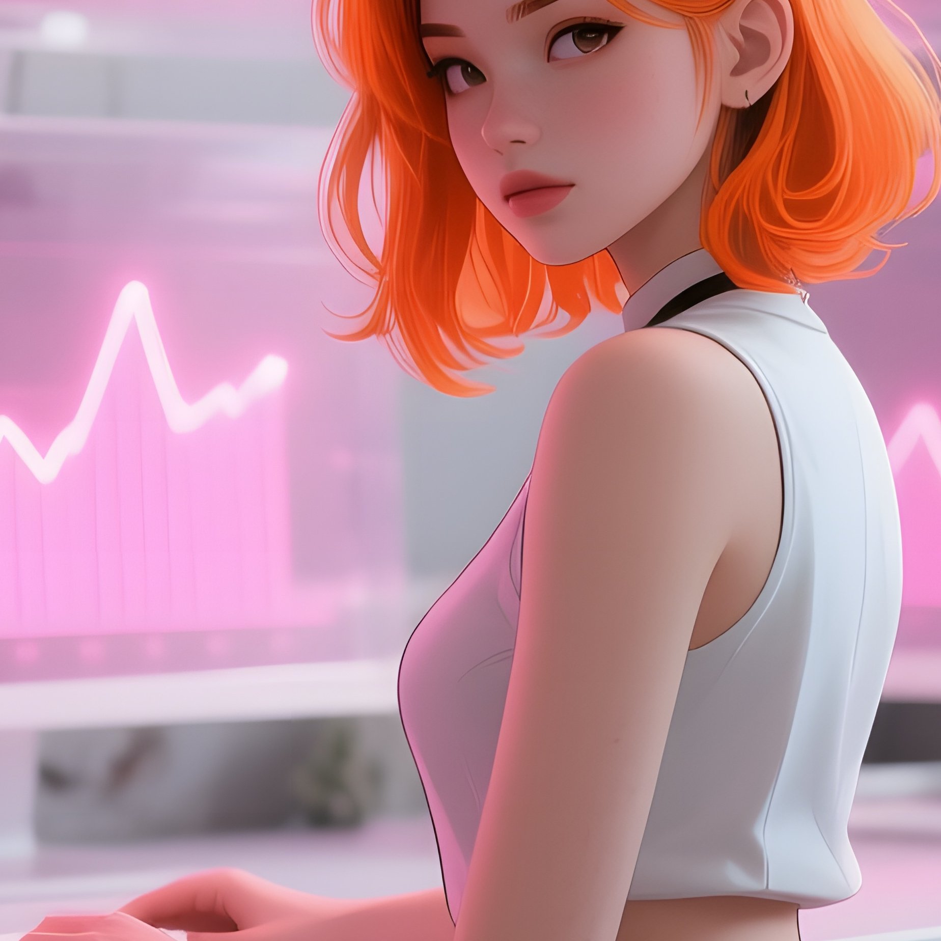 A Confident Pop‑Up Girl With Vibrant Orange Hair Sits At A Standing Desk Covered In Multiple - Full Resolution Quality Preview