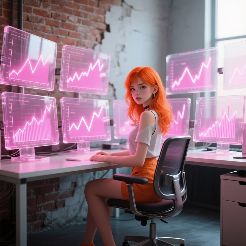 A Confident Pop‑Up Girl With Vibrant Orange Hair Sits At A Standing Desk Covered In Multiple