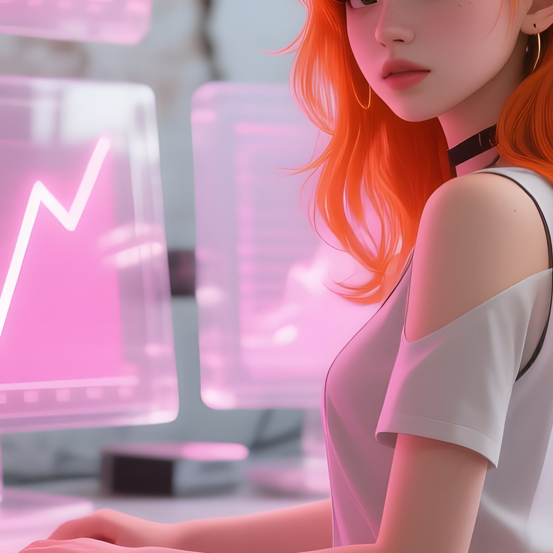 A Confident Pop‑Up Girl With Vibrant Orange Hair Sits At A Standing Desk Covered In Multiple - Full Resolution Quality Preview