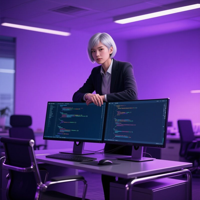 A Confident Tech Lead With Short Silver Hair Leans Over A Dual‑Monitor Setup Showing Code, The
