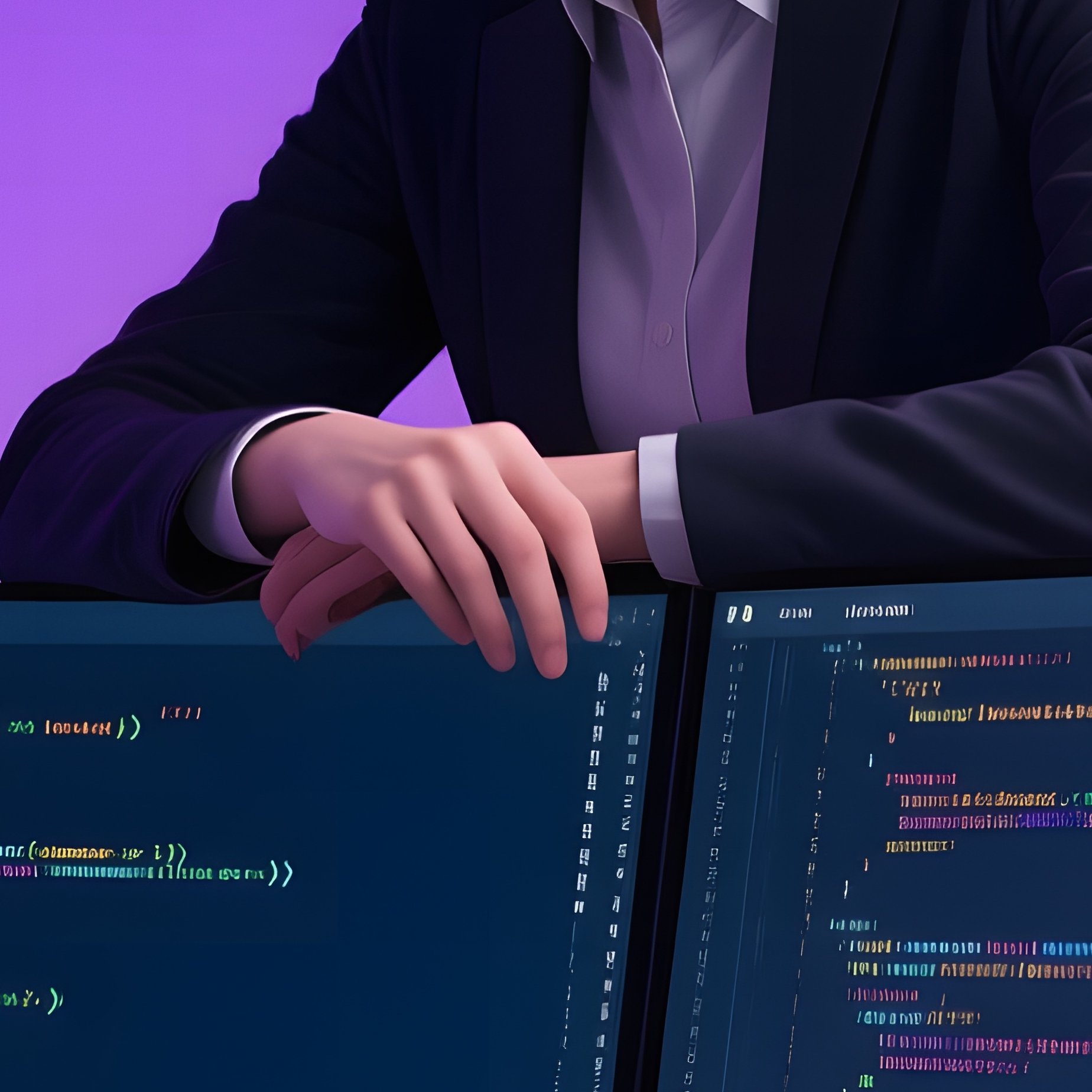 A Confident Tech Lead With Short Silver Hair Leans Over A Dual‑Monitor Setup Showing Code, The - Full Resolution Quality Preview