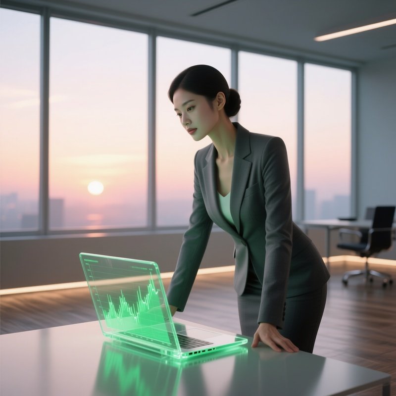 A Confident Woman In A Fitted Charcoal Suit Leans Over A Transparent Laptop That Displays Neon