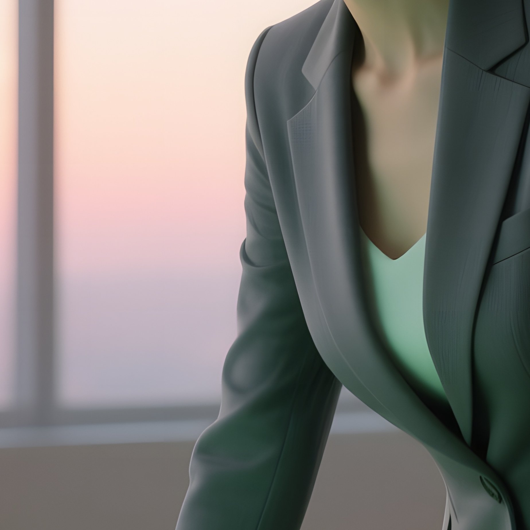 A Confident Woman In A Fitted Charcoal Suit Leans Over A Transparent Laptop That Displays Neon - Full Resolution Quality Preview