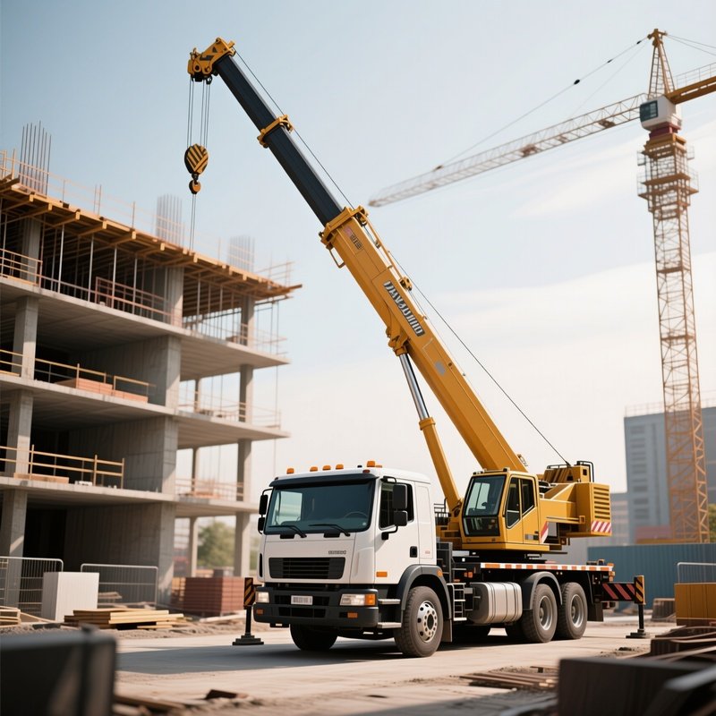 A Construction Crane Truck Extending Its Boom At A Building Site