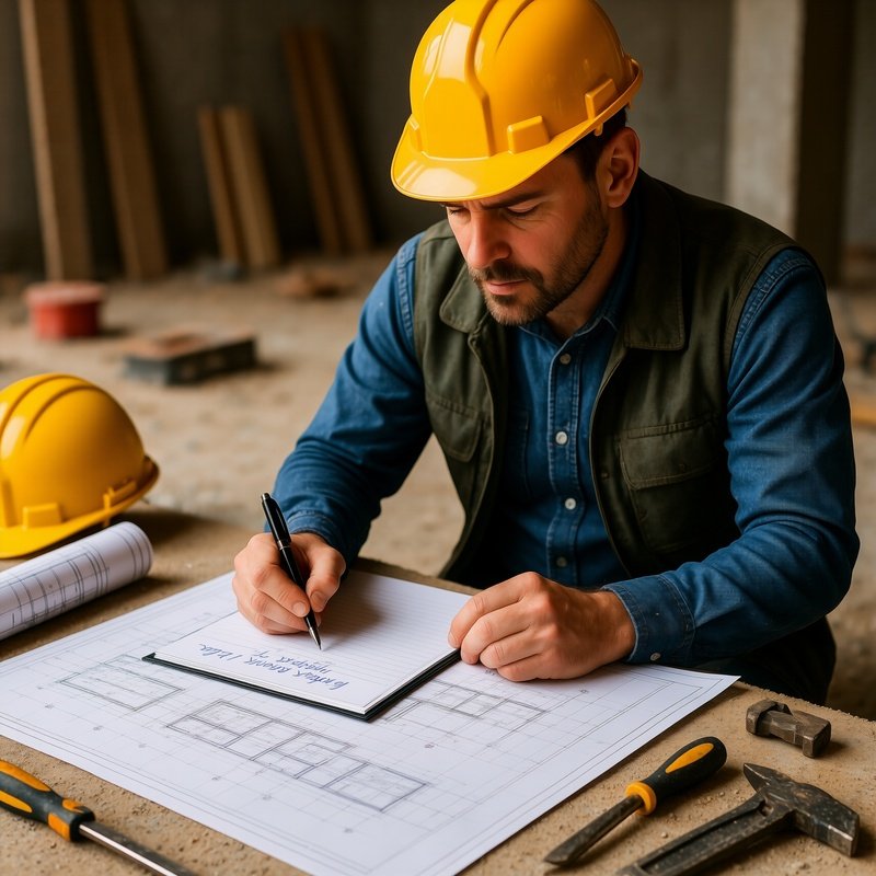 A Construction Foreman Writing Notes On Blueprints