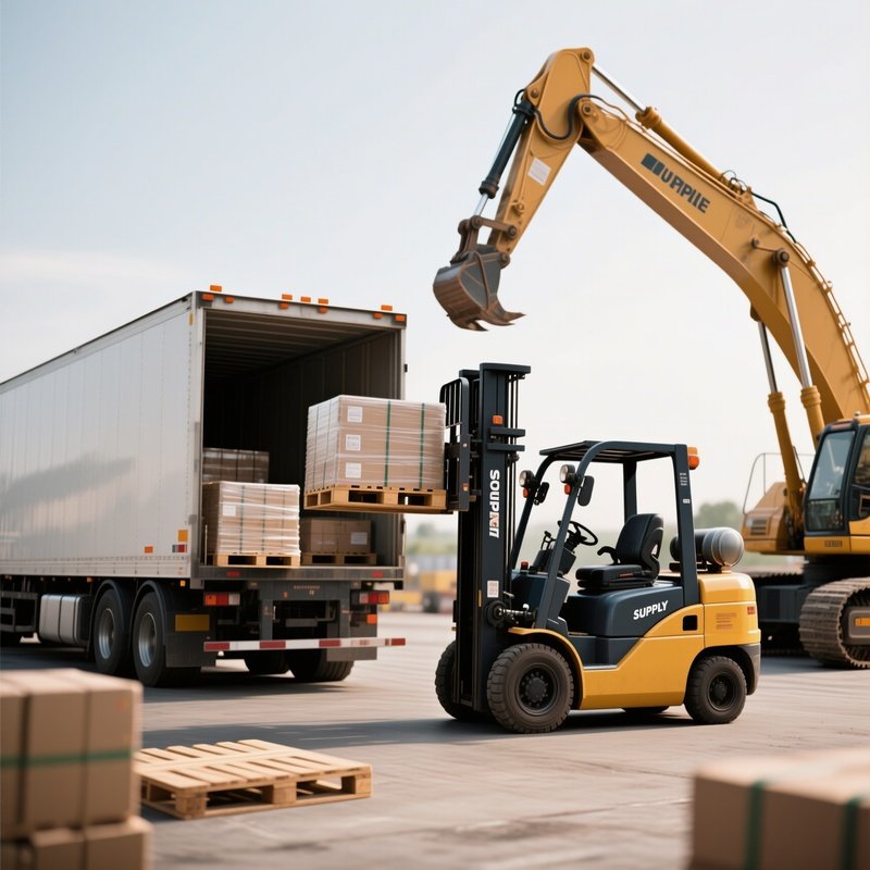 A Construction Supply Truck Unloading Pallets With A Mounted Forklift