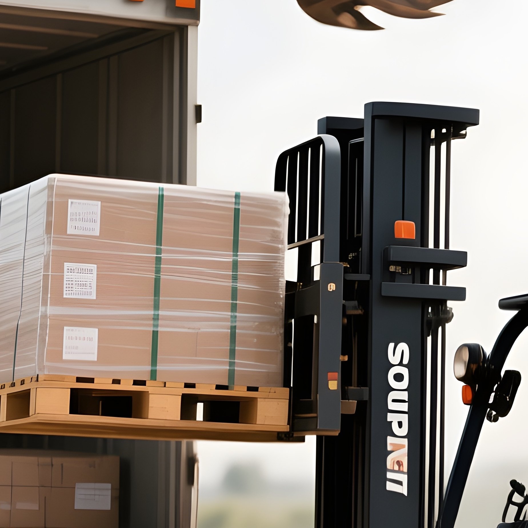 A Construction Supply Truck Unloading Pallets With A Mounted Forklift - Full Resolution Quality Preview