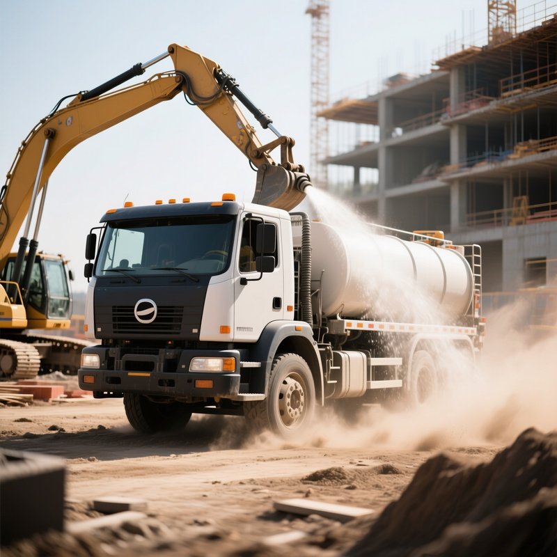 A Construction Water Truck Spraying Dust On An Active Worksite