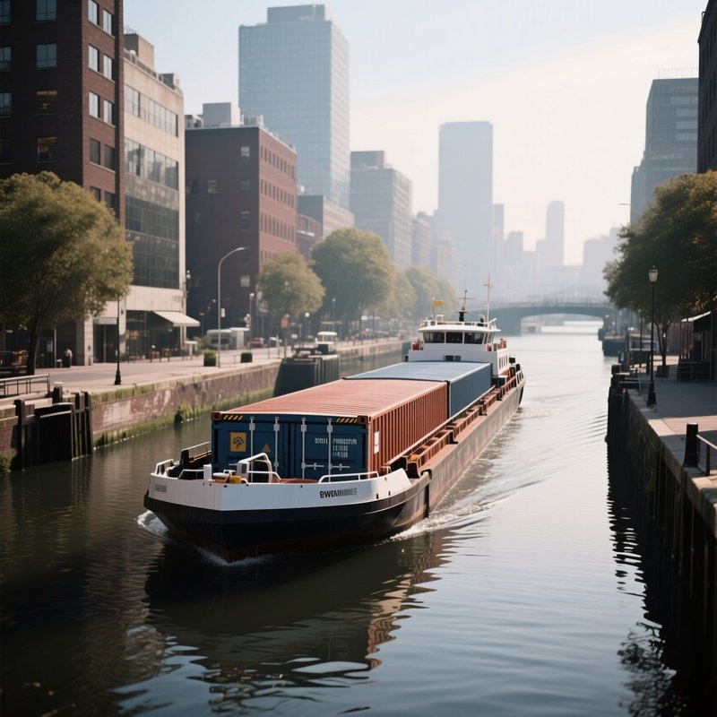 A Container Barge Gliding Quietly Along An Urban Canal