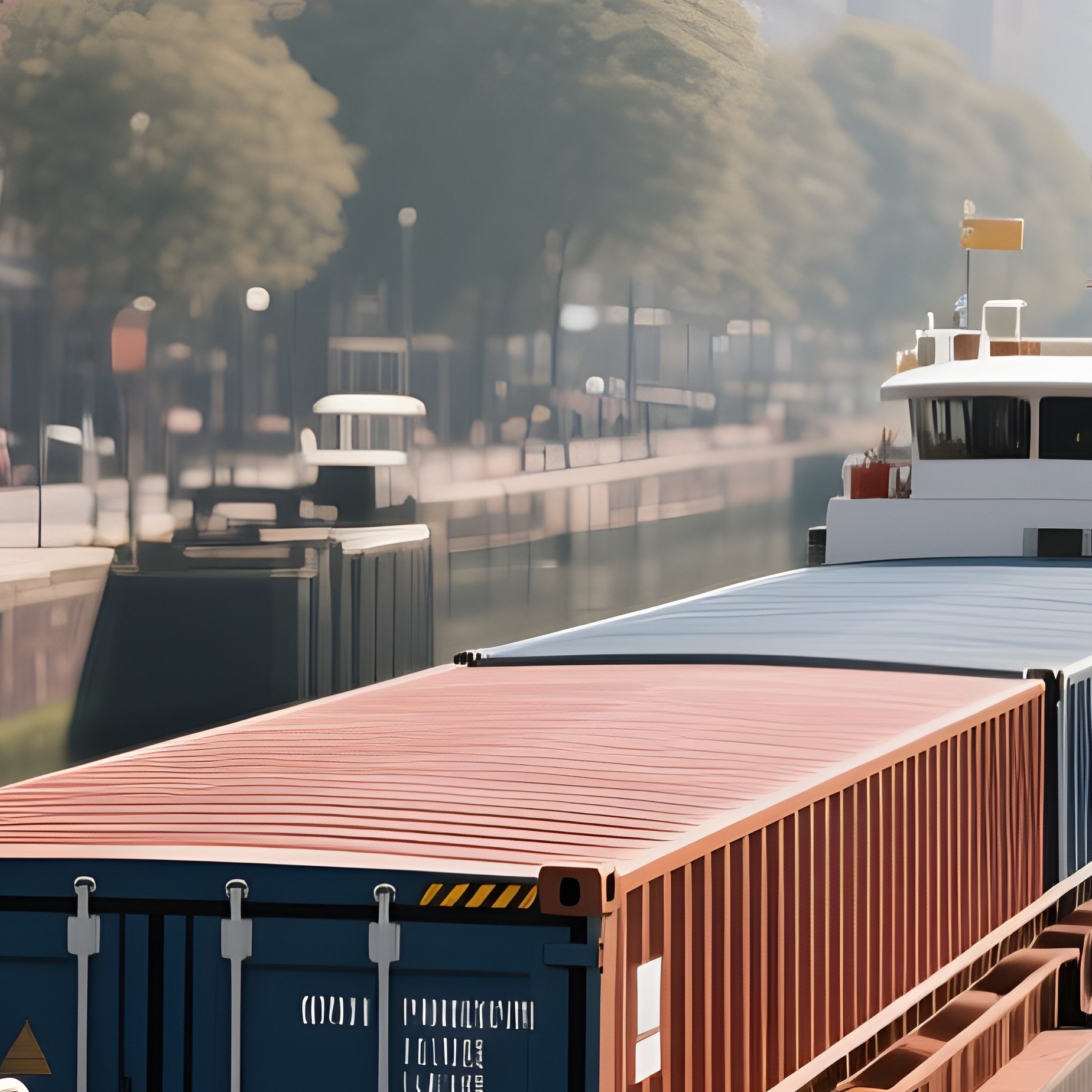 A Container Barge Gliding Quietly Along An Urban Canal - Full Resolution Quality Preview