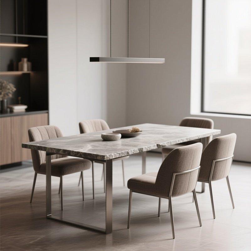 A Contemporary Dining Room Showcasing A Rectangular Stone Top Table With Slim Metal Legs And Upholstered Seating