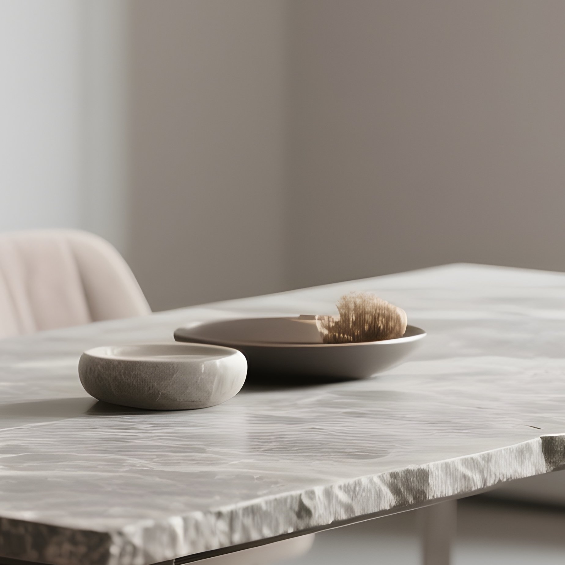 A Contemporary Dining Room Showcasing A Rectangular Stone Top Table With Slim Metal Legs And Upholstered Seating - Full Resolution Quality Preview