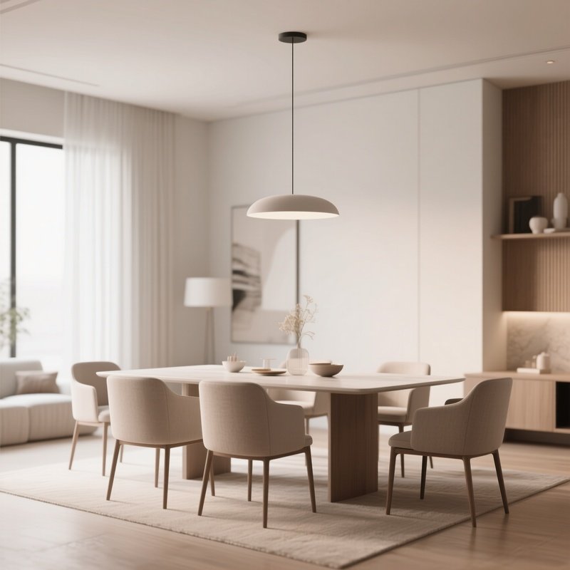 A Contemporary Dining Room With Minimalist Furniture And Soft Tones