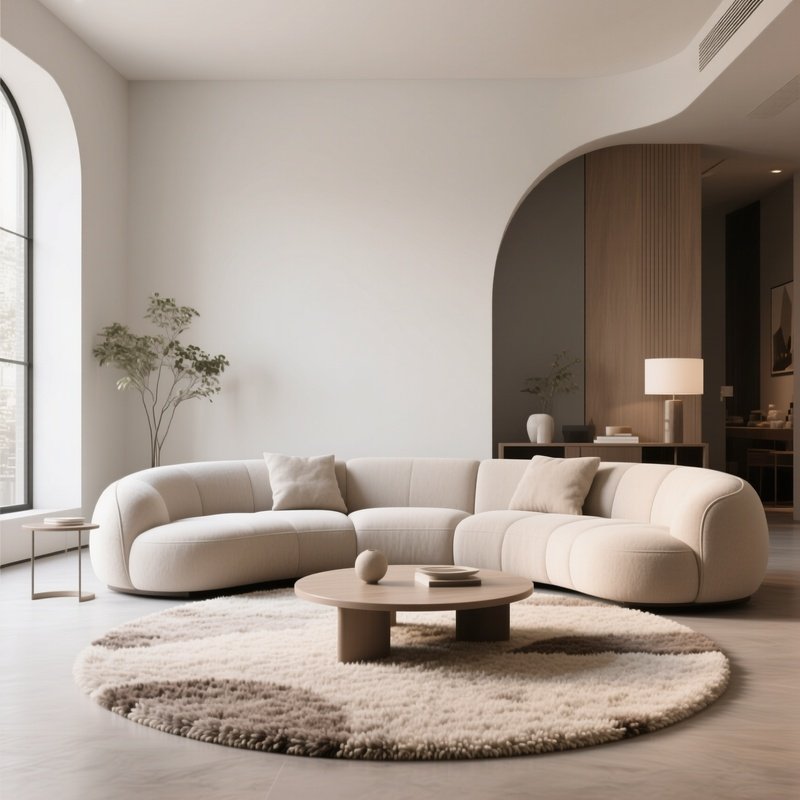 A Contemporary Living Room Featuring A Statement Sofa With Curved Lines, Paired With A Round Wool Rug And Minimalist Decor