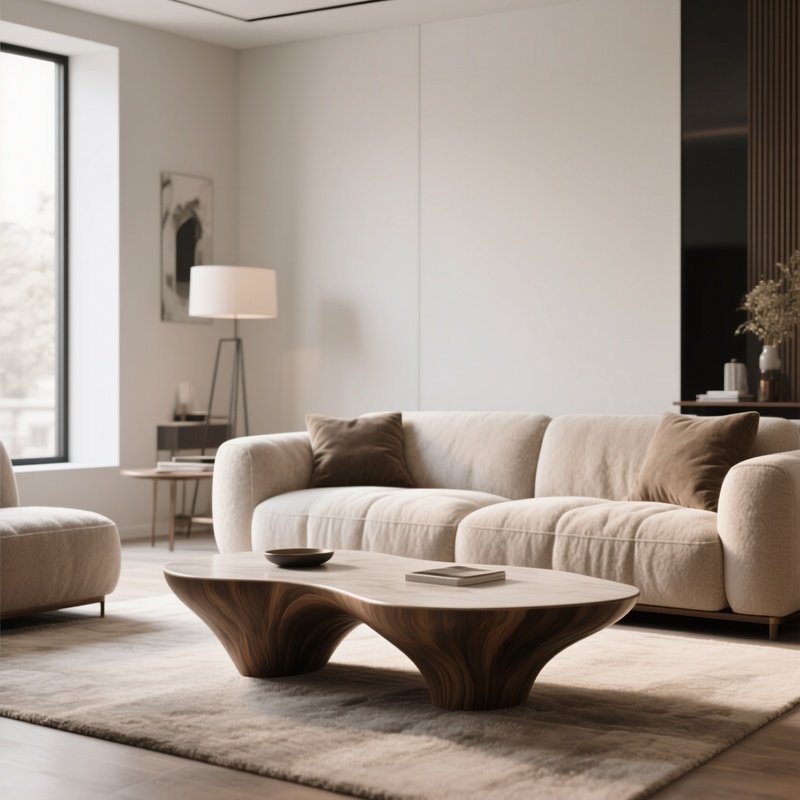 A Contemporary Living Room Showcasing A Statement Coffee Table With Organic Shape And A Plush Sofa