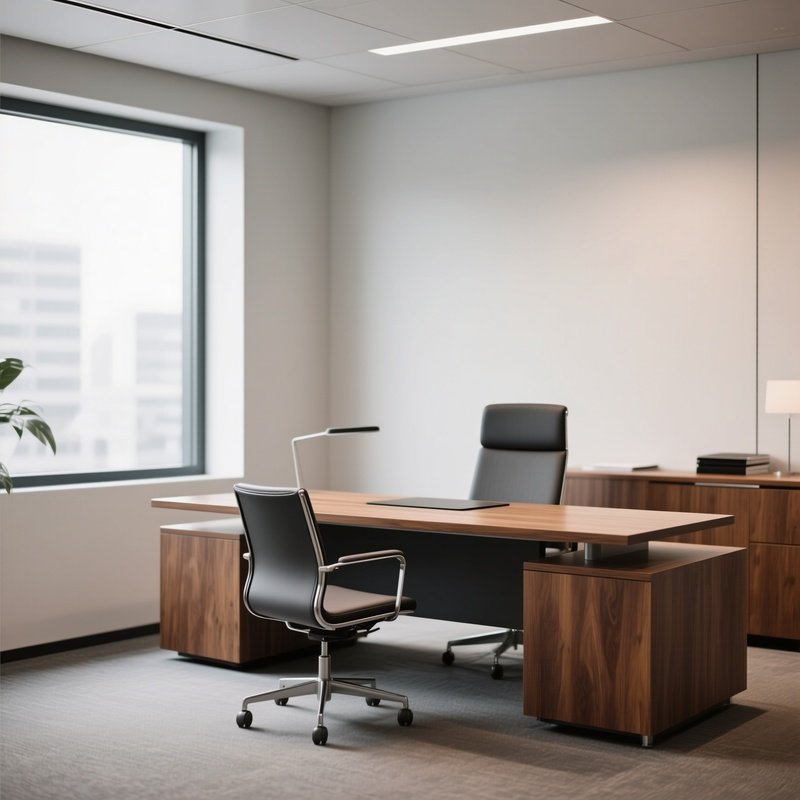 A Contemporary Office Corner With A Wooden Desk And Designer Chair
