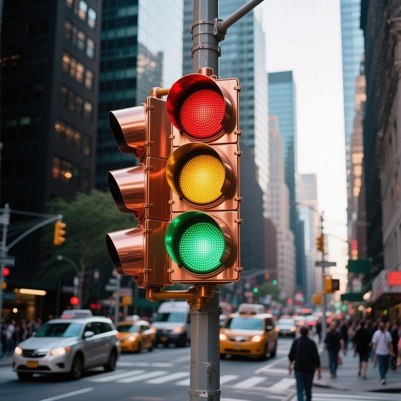 A Copper Traffic Light And City