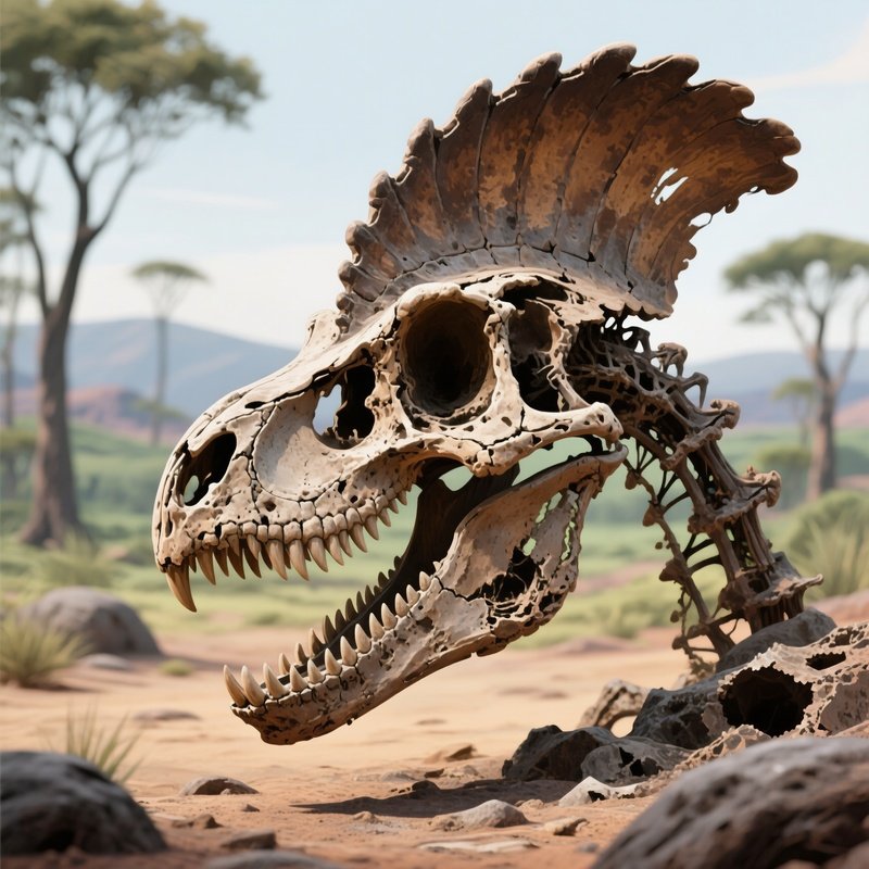 A Corythosaurus Fossilized Skull With Reconstructed Jaw