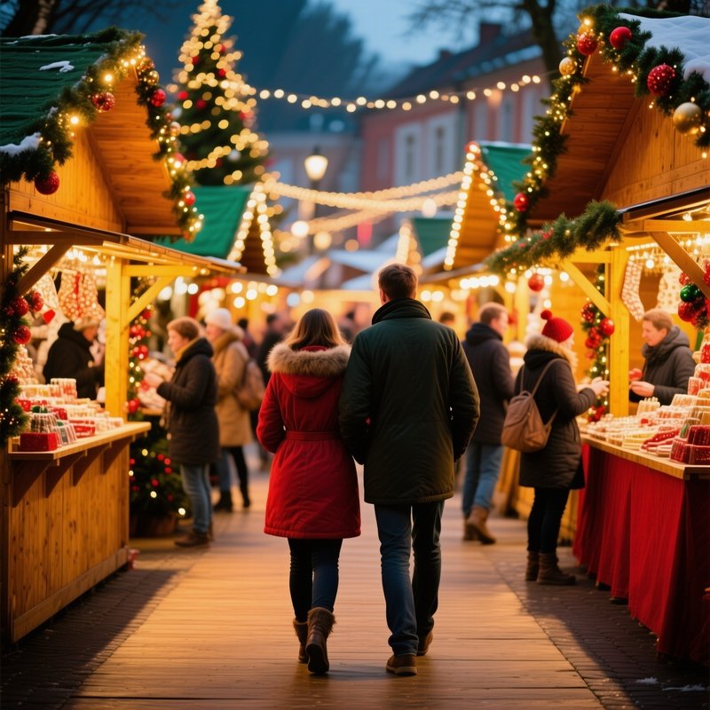 A Couple Walking Through A Christmas Market Christmas Market