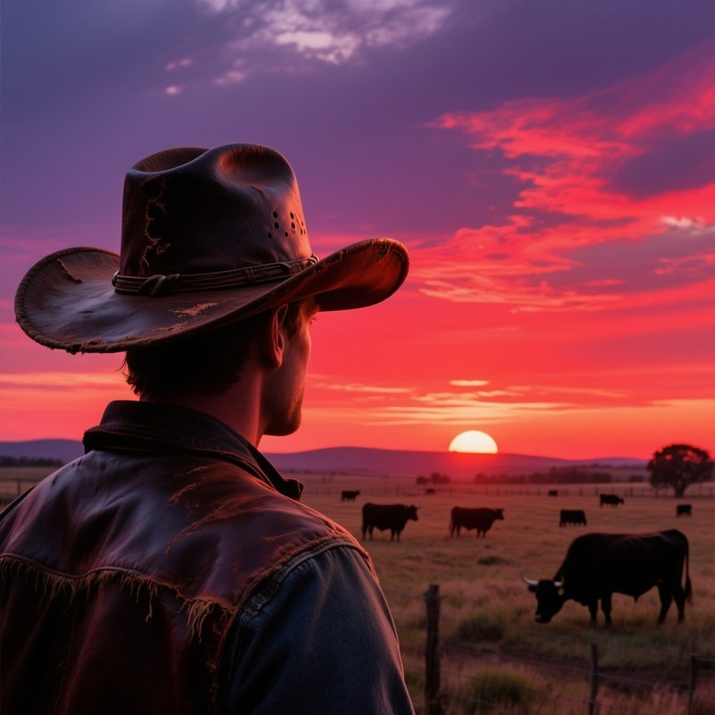A Cowboy In A Battered Leather Hat Watches A Sunset Over A Sprawling Ranch, Silhouettes Of Cattle