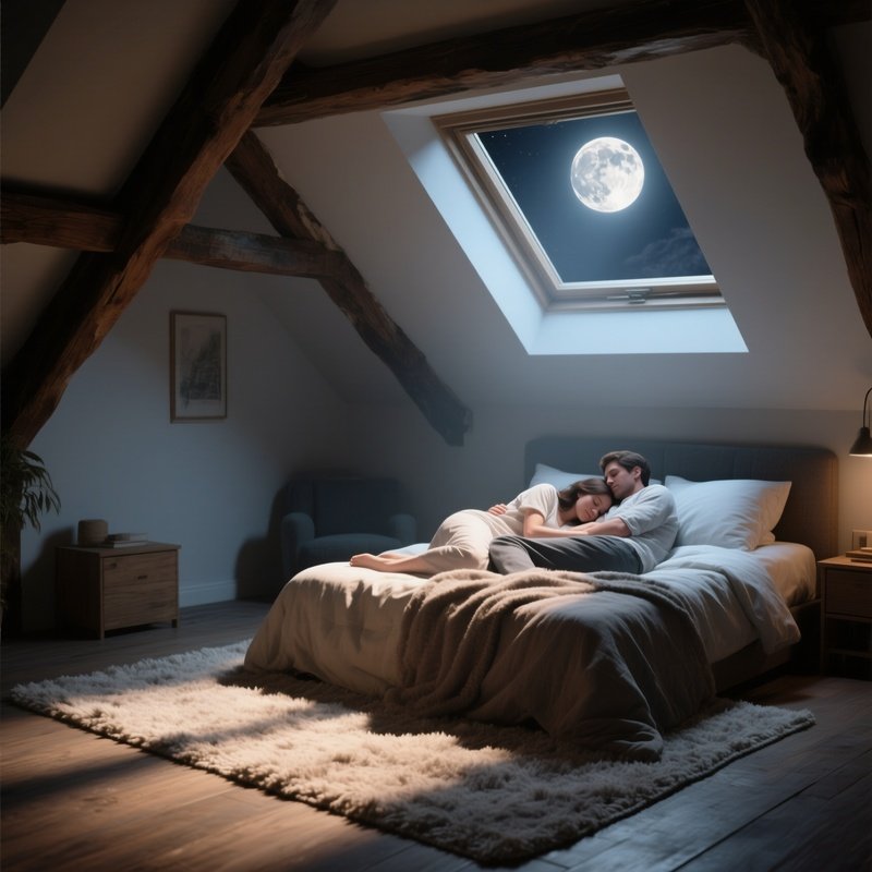 A Cozy Attic Bedroom With Exposed Beams, Moonlight Streaming Through A Skylight Onto A Couple