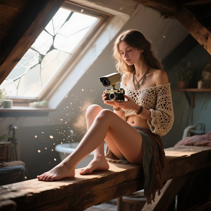 A Cozy Attic Loft Bathed In Morning Light Through Cracked Windows, A Bohemian Girl In A Loose