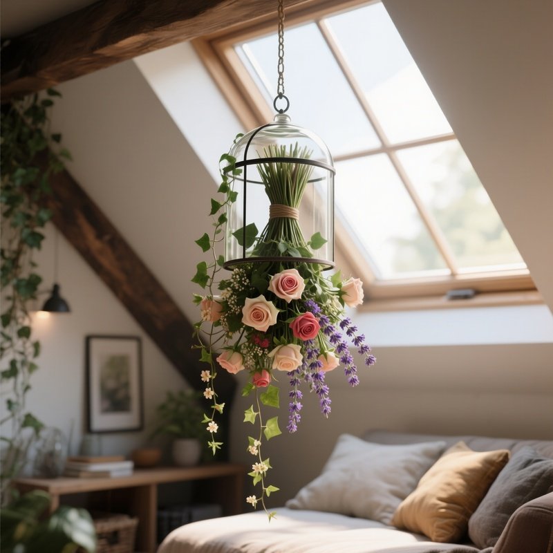 A Cozy Attic Loft Under A Skylight, Filled With Soft Afternoon Light, Displaying A Hanging Glass