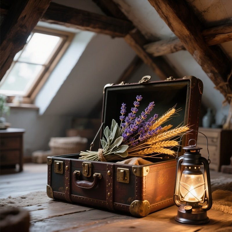 A Cozy Attic Loft With Exposed Beams Where An Antique Trunk Is Open, Revealing A Hidden Bouquet Of