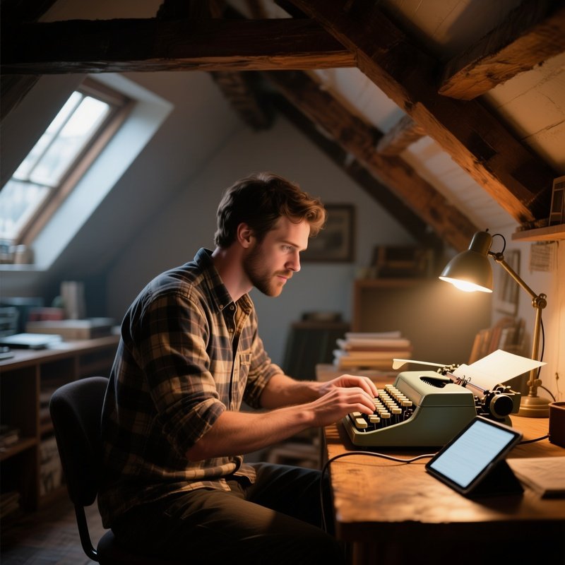 A Cozy Attic Office With Exposed Beams, A Six‑Pack Man In A Flannel Shirt Rolled Up At The Sleeves,