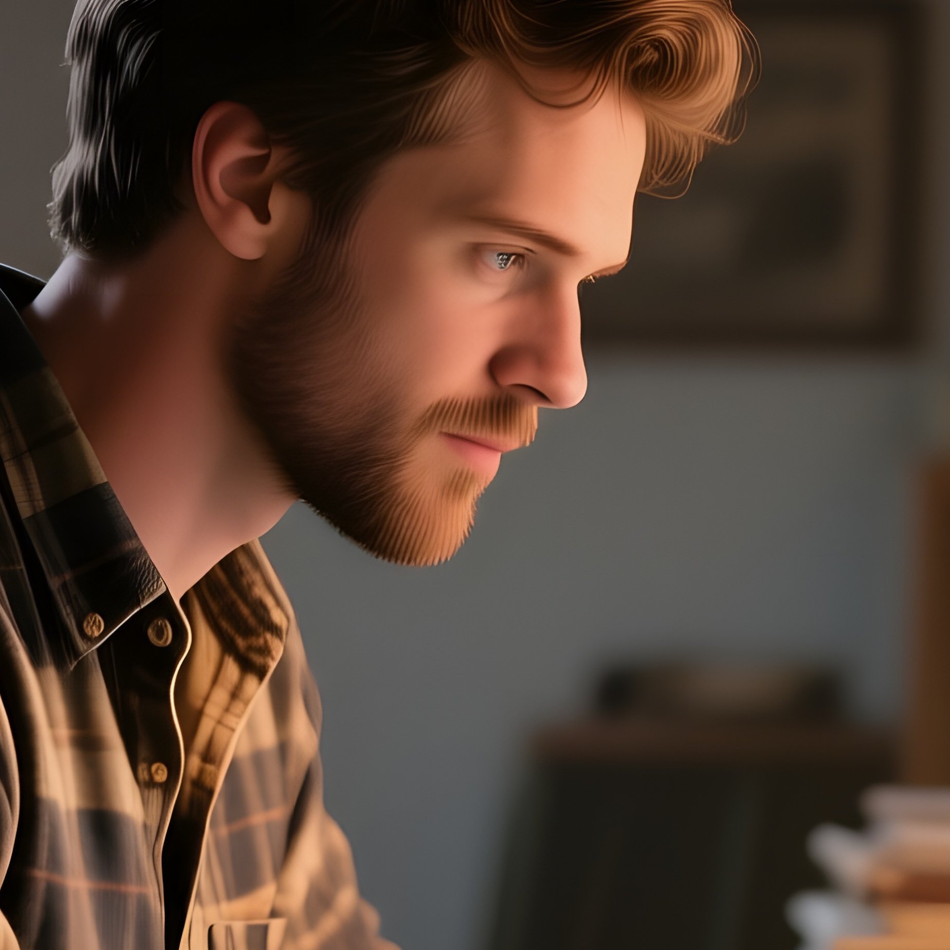 A Cozy Attic Office With Exposed Beams, A Six‑Pack Man In A Flannel Shirt Rolled Up At The Sleeves, - Full Resolution Quality Preview