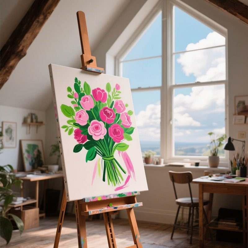 A Cozy Attic Studio With Large Windows Overlooking Clouds, An Easel Holds A Half‑Finished Painting