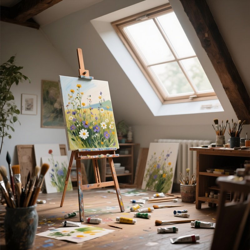 A Cozy Attic Studio With Skylights Flooding The Space, An Easel Holding A Half‑Finished Painting Of