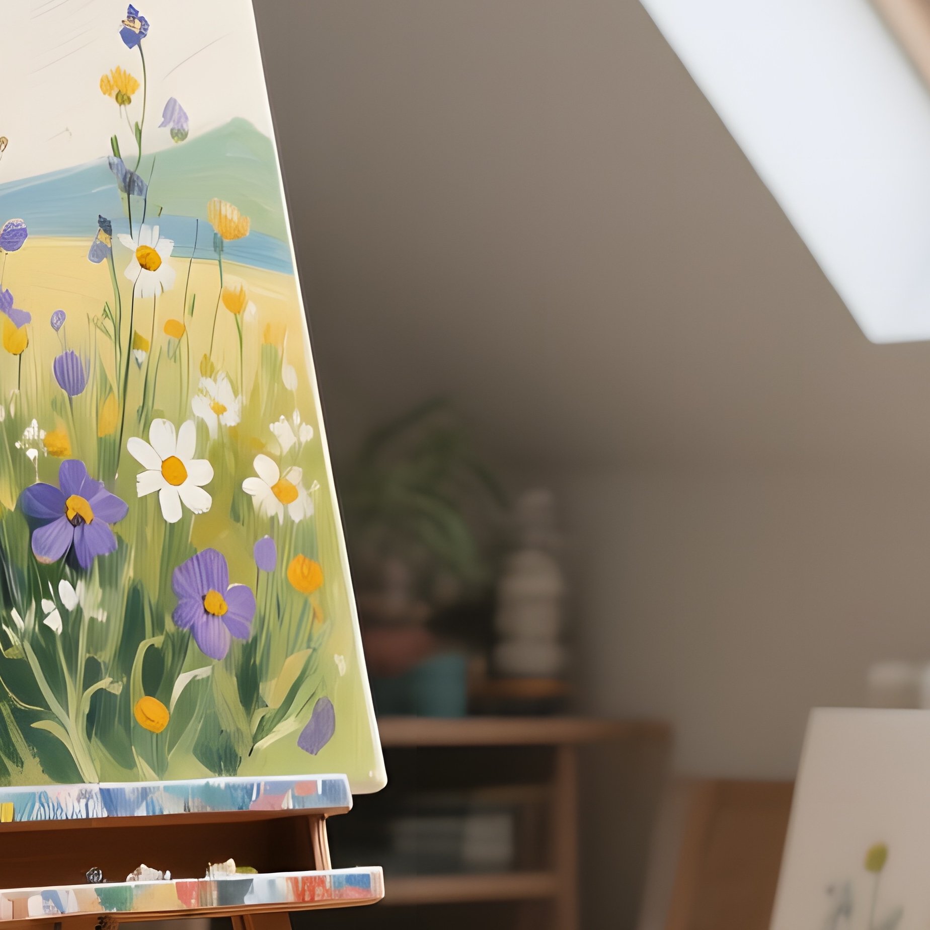 A Cozy Attic Studio With Skylights Flooding The Space, An Easel Holding A Half‑Finished Painting Of - Full Resolution Quality Preview