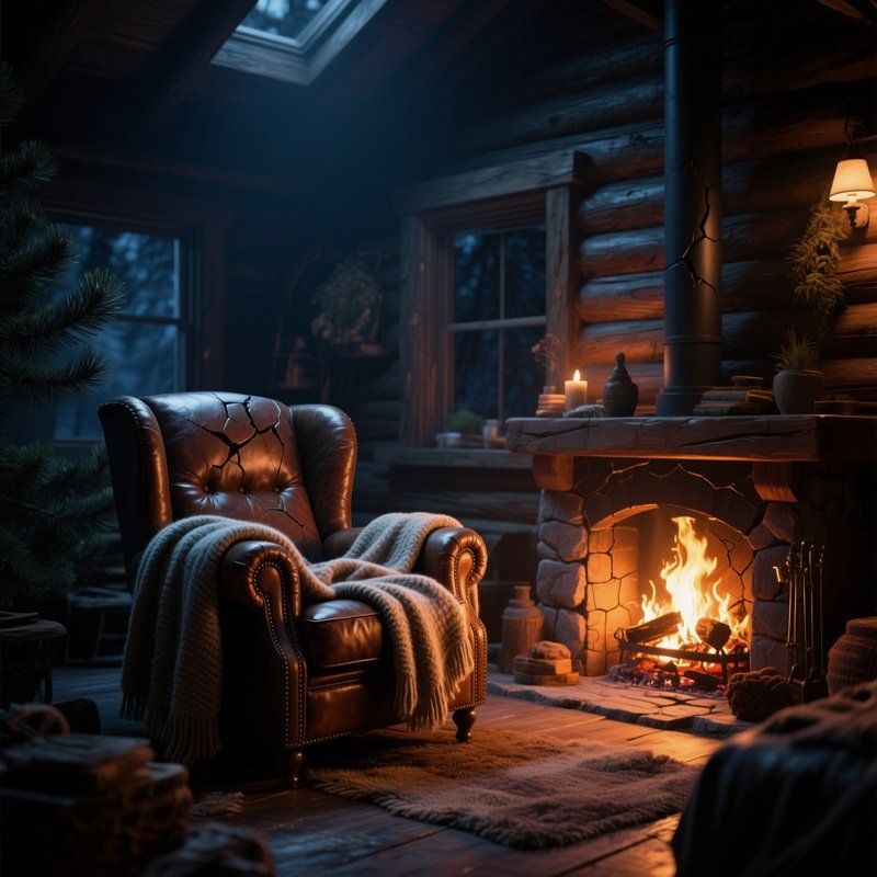 A Cozy Cabin Interior At Night, A Cracked Leather Armchair Beside A Crackling Fireplace, With Wool