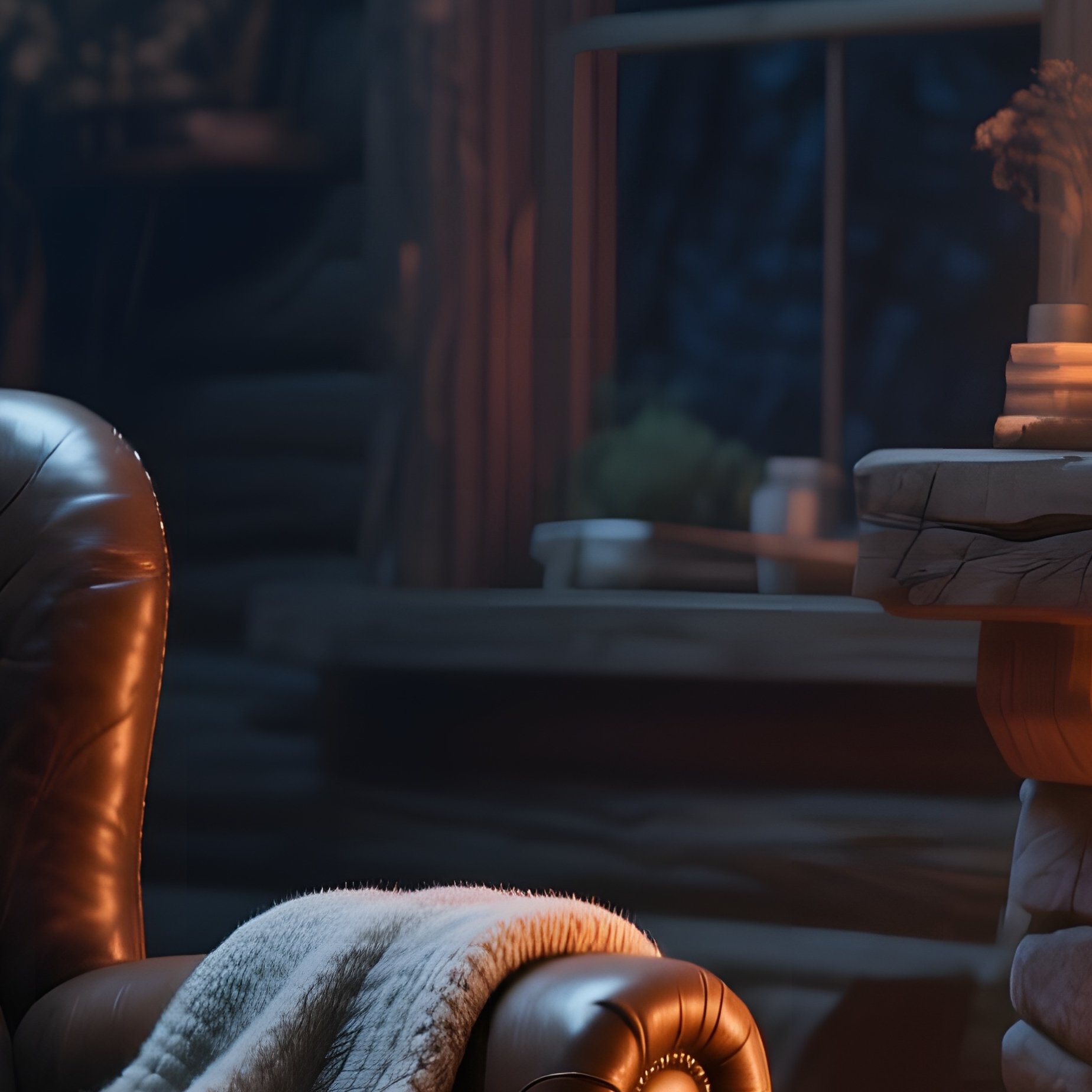 A Cozy Cabin Interior At Night, A Cracked Leather Armchair Beside A Crackling Fireplace, With Wool - Full Resolution Quality Preview