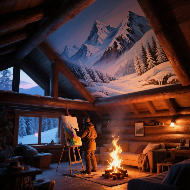 A Cozy Cabin Interior During Winter Twilight, Firelight Dancing On Wooden Beams As A Painter