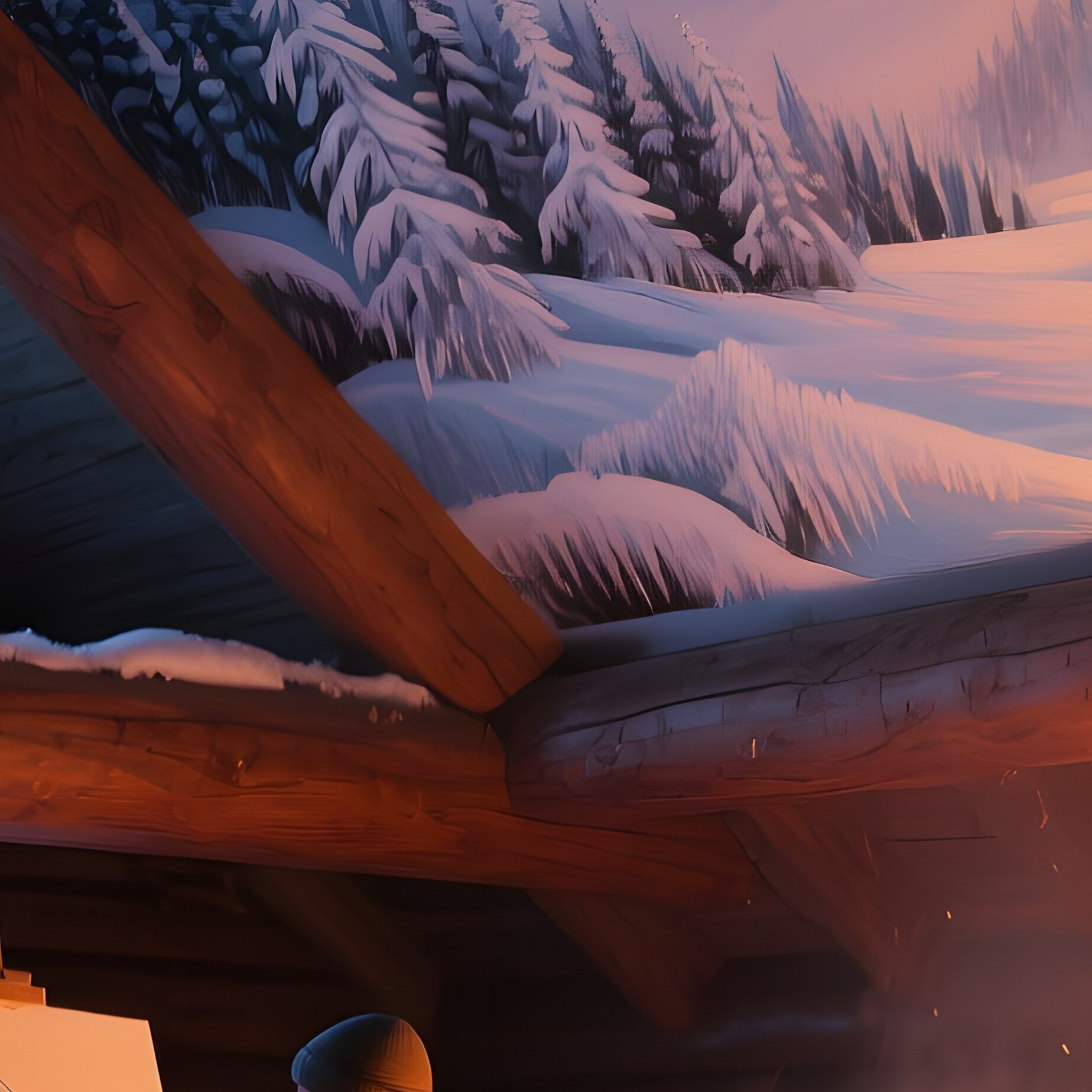 A Cozy Cabin Interior During Winter Twilight, Firelight Dancing On Wooden Beams As A Painter - Full Resolution Quality Preview
