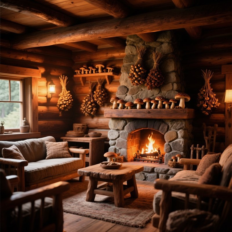 A Cozy Cabin Interior With A Stone Fireplace, Walls Adorned With Dried Mushroom Bundles, Warm Amber
