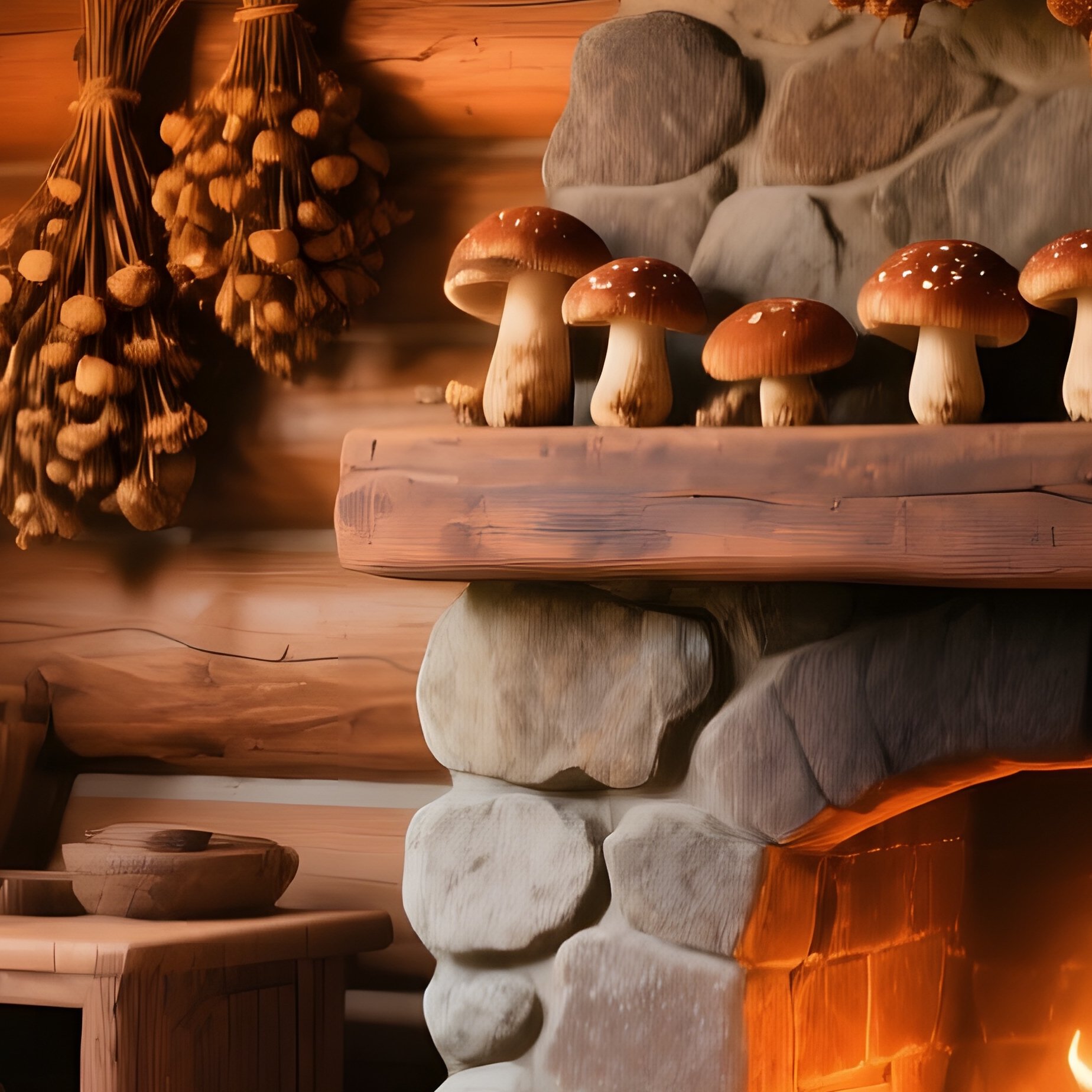 A Cozy Cabin Interior With A Stone Fireplace, Walls Adorned With Dried Mushroom Bundles, Warm Amber - Full Resolution Quality Preview