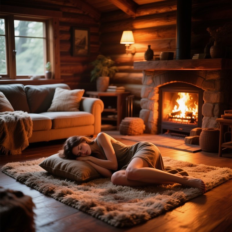 A Cozy Cabin Living Room With A Roaring Fireplace, A Female Model Curled Up On A Plush Rug, Warm