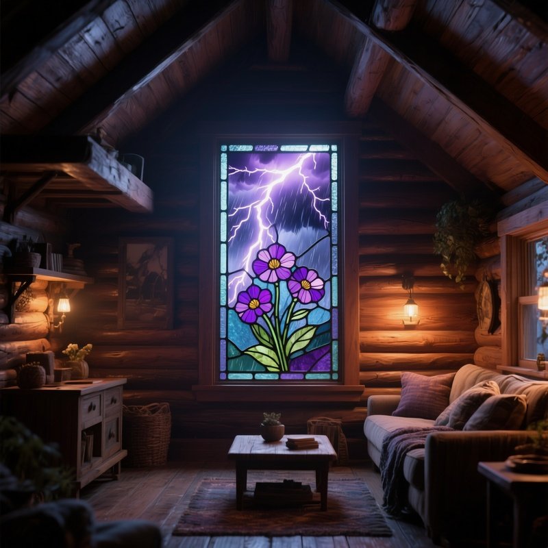 A Cozy Cabin Loft During A Thunderstorm, A Single Stained‑Glass Panel Of Stormy Lavender Flowers