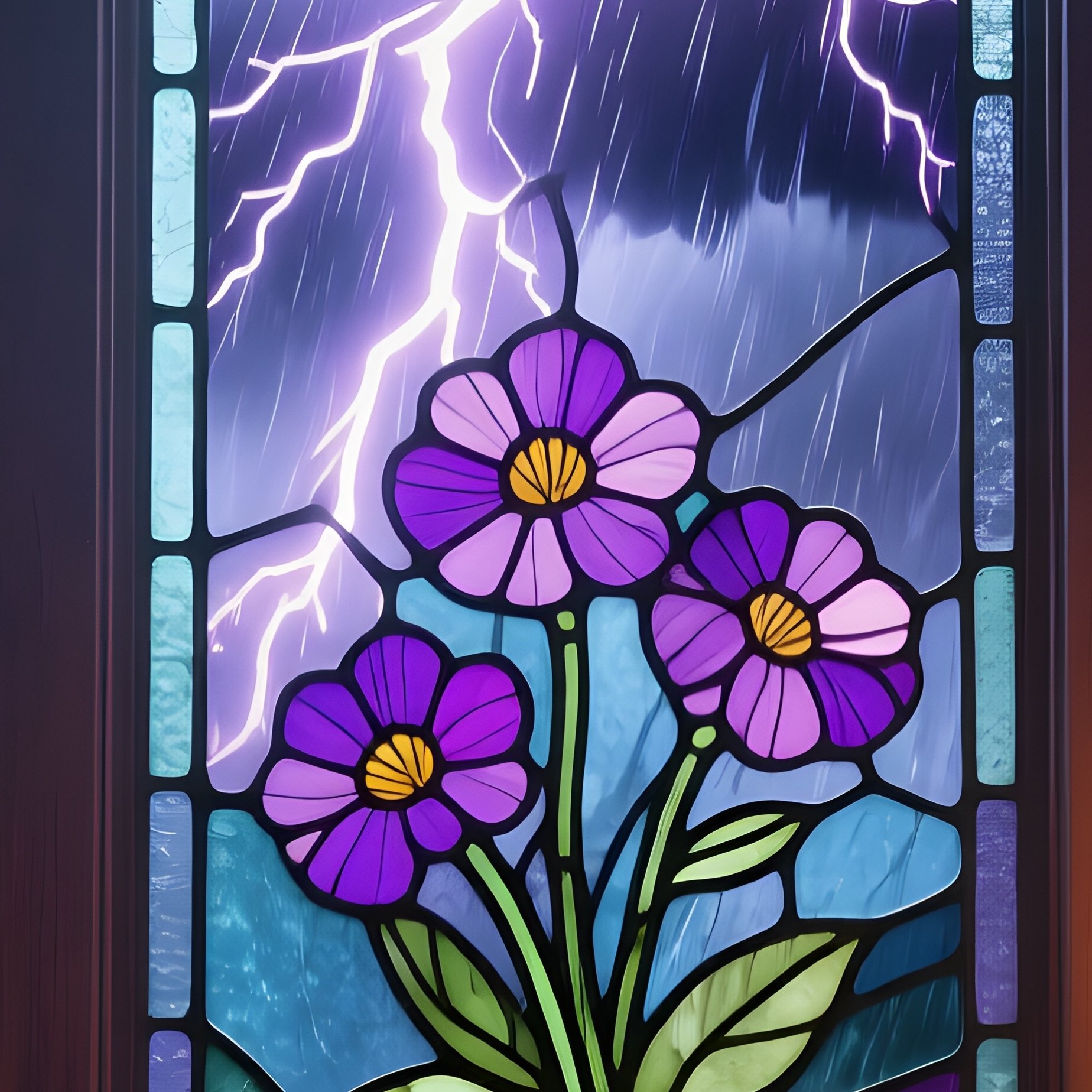 A Cozy Cabin Loft During A Thunderstorm, A Single Stained‑Glass Panel Of Stormy Lavender Flowers - Full Resolution Quality Preview